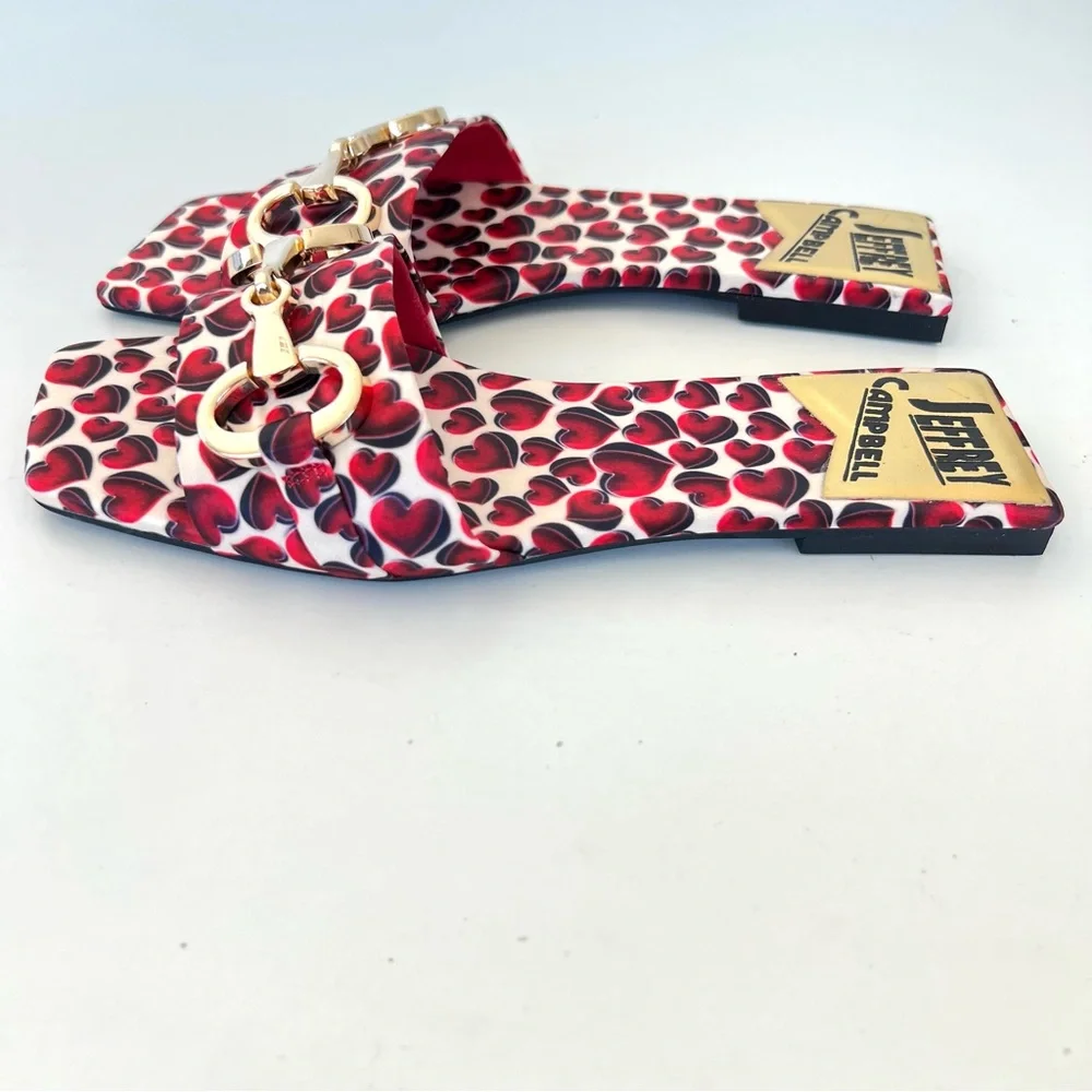 JEFFREY CAMPBELL Chantria Red Hearts Gold Buckle Flats Slides Sandals Sz 8 NWOB - Picture 4 of 11